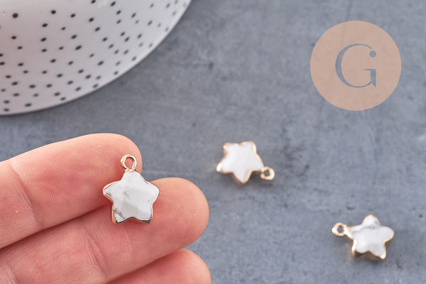 Pendentif étoile howlite blanche naturelle facettes fer doré 17mm, x1 (G3946)