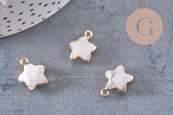 Pendentif étoile howlite blanche naturelle facettes fer doré 17mm, x1 (G3946)