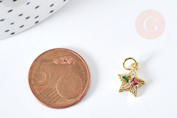 Pendentif étoile laiton doré 18K cristal zircon multicolore 12mm, x1 G8579