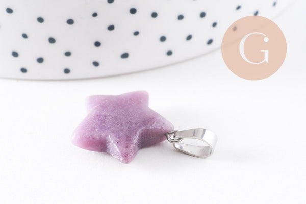 Pendentif étoile lépidolite naturelle violette acier inoxydable platine 22mm, x1 (G10071)