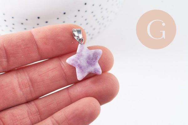 Pendentif étoile lépidolite naturelle violette acier inoxydable platine 22mm, x1 (G10071)
