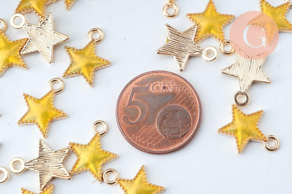 Pendentif étoile zamac doré résine jaune 15mm, x5 (G6107)