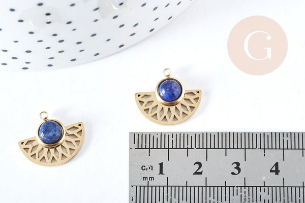 Pendentif éventail acier 304 inoxydable dore IP pierre de synthèse 18mm, x1 (G8821)