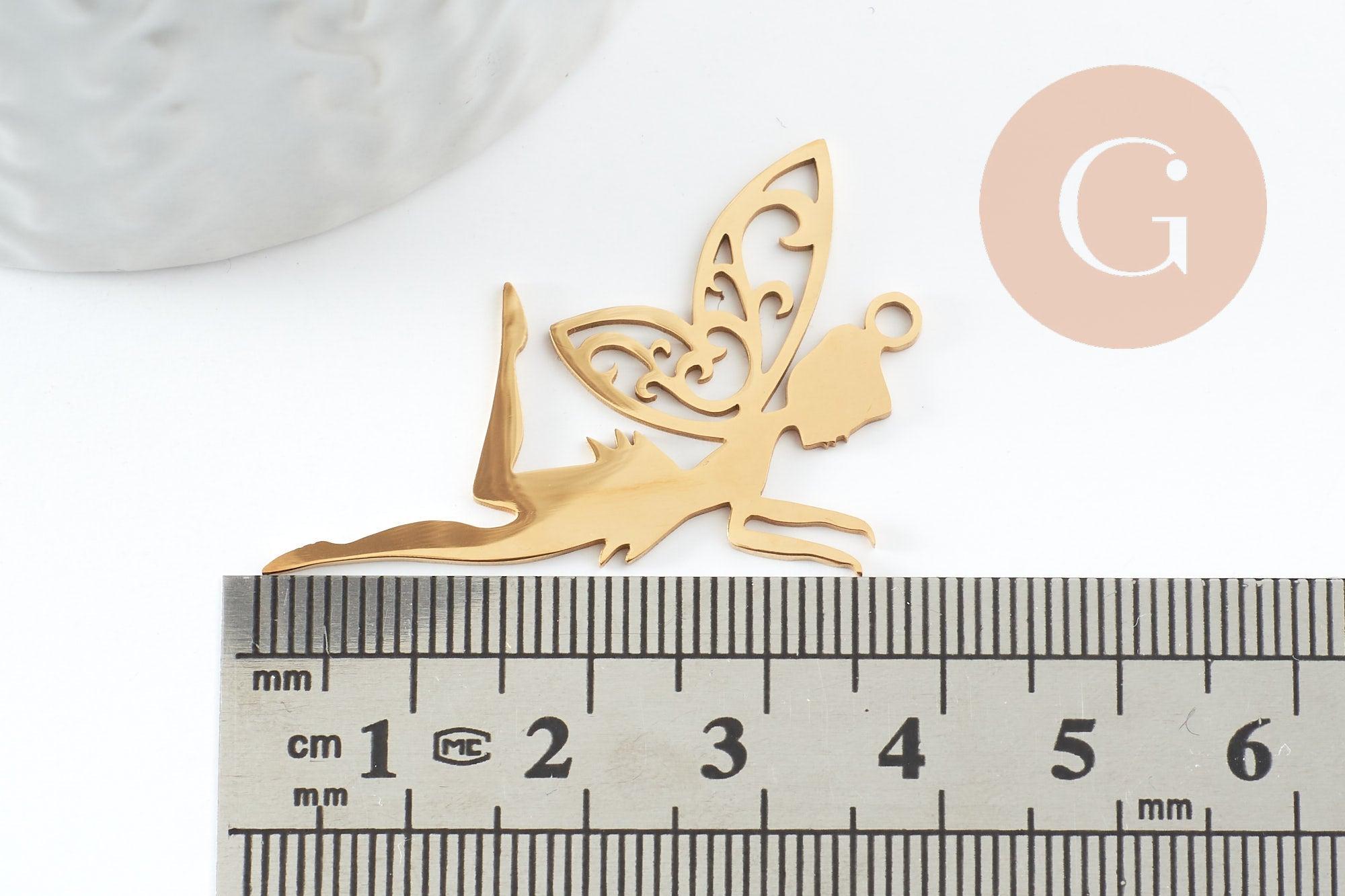 Pendentif fée clochette d'ange acier 201 inoxydable doré 41mm, x1 (G9732)