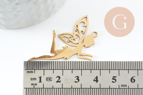 Pendentif fée clochette d'ange acier 201 inoxydable doré 41mm, x1 (G9732)