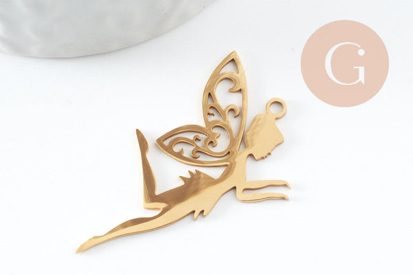 Pendentif fée clochette d'ange acier 201 inoxydable doré 41mm, x1 (G9732)