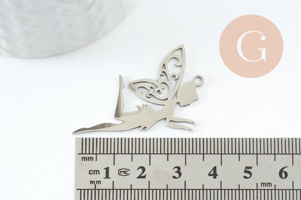 Pendentif fée clochette d'ange acier 201 inoxydable platine 41mm, x1 (G9803)