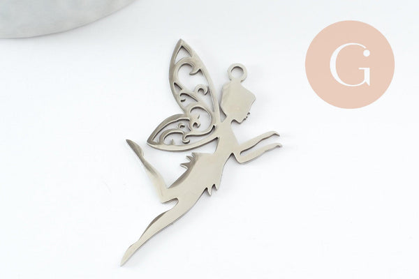 Pendentif fée clochette d'ange acier 201 inoxydable platine 41mm, x1 (G9803)