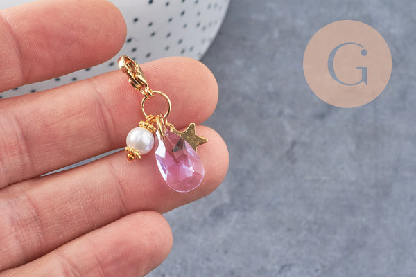 Pendentif fermoir cristal facetté acier inoxydable doré 34mm, pendentif perle en verre, fabrication de porte clés, x1 (G7102)