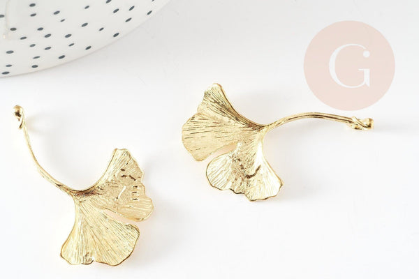 Pendentif feuille Ginkgo laiton brut 43mm, breloque laiton brut pour création bijou nature x1 (G9266)