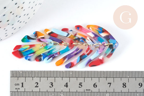 Pendentif feuille acétate colorée 70-76mm, x2 (G7299)