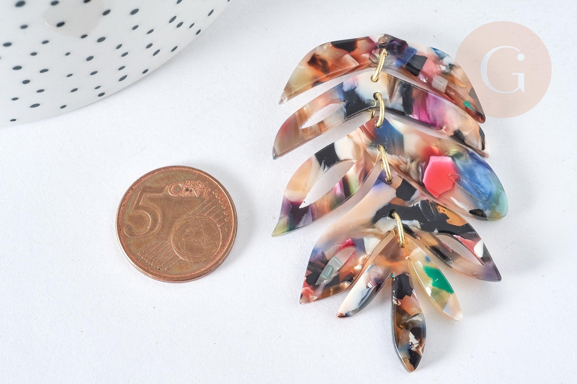 Pendentif feuille acétate multicolore laiton doré 65mm, création bijoux plastique, x1 (G7471)