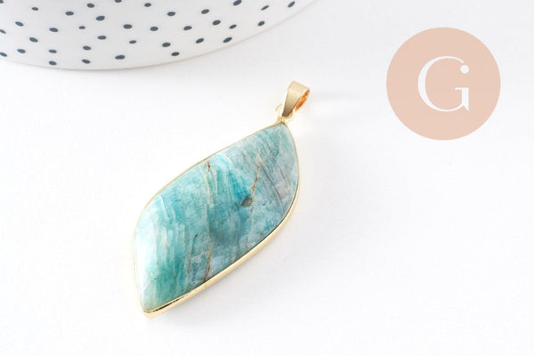 Pendentif feuille amazonite naturelle laiton platine ou doré 34-46mm, x1 (G10927)