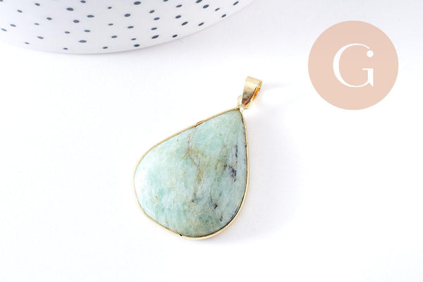 Pendentif feuille amazonite naturelle laiton platine ou doré 34-46mm, x1 (G10927)