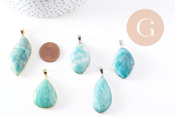 Pendentif feuille amazonite naturelle laiton platine ou doré 34-46mm, x1 (G10927)