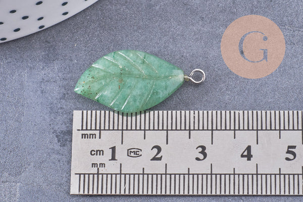 Pendentif feuille aventurine support platine, 28mm, x1 G4980