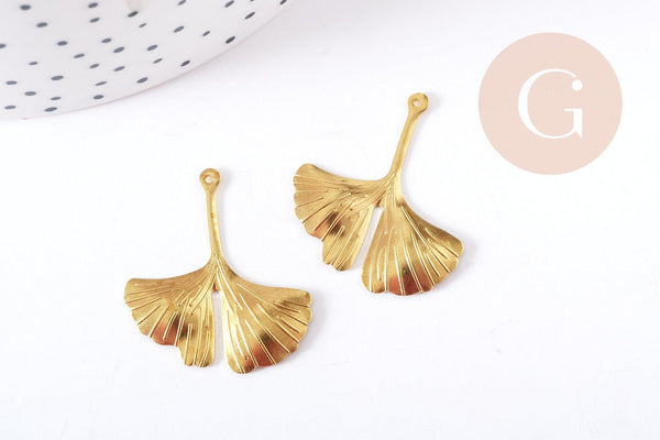 Pendentif feuille de Gingko laiton brut 29mm, fourniture pour création bijoux x2 (G9228)
