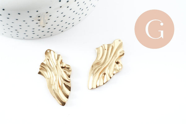 Pendentif feuille laiton plié,breloque laiton brut,bijoux,pendentif laiton brut,45mm, x2 (G4621)