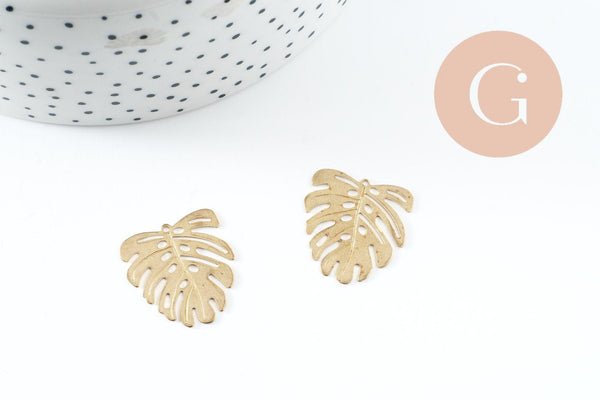 Pendentif feuille laiton,breloque laiton brut,bijou laiton,feuille monstera, bijoux,pendentif laiton brut,22mm, x2 (G1763)