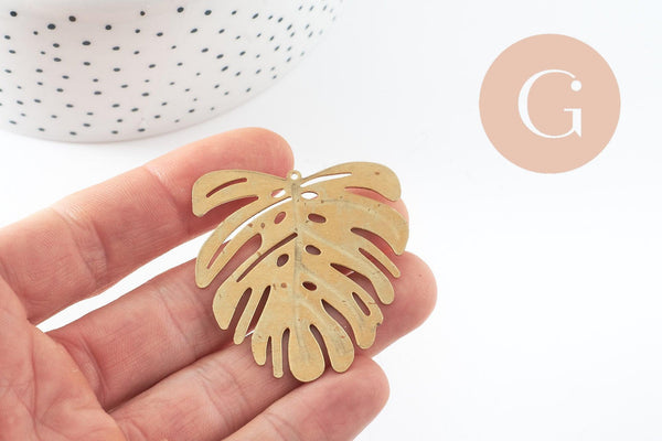Pendentif feuille laiton,fourniture bijou,breloque laiton brut,bijou laiton,feuille monstera 45mm, x1 (G0917)