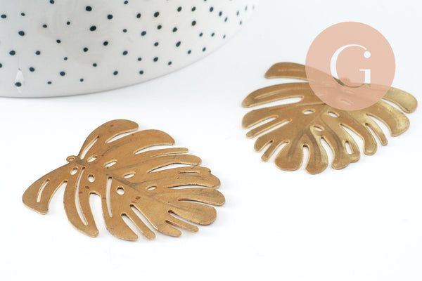 Pendentif feuille laiton,fourniture bijou,breloque laiton brut,bijou laiton,feuille monstera 45mm, x1 (G0917)