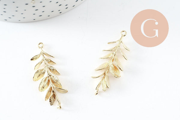 Pendentif feuille laurier laiton,breloque laiton brut, feuille laurier bijoux,pendentif laiton brut, 43mm, x2 (G0432)