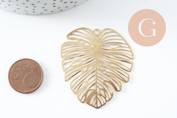 Pendentif feuille monstera laiton brut 49mm, création bijoux laiton brut x1 (G0908)