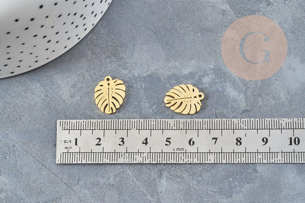 Pendentif feuille monsterosa acier 201 doré inoxydable 17mm, x1 (G5690)