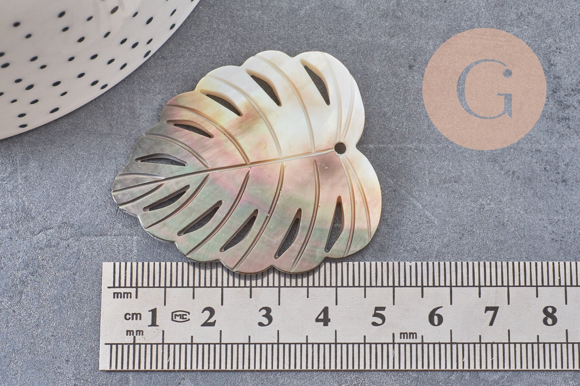 Pendentif feuille nacre naturelle monstera 47-48mm, x1 (G2624)