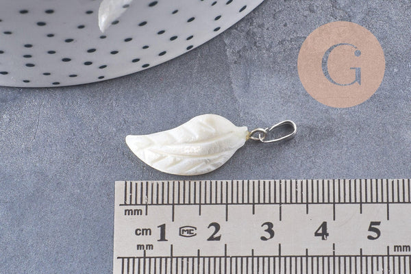 Pendentif feuille nacre naturelle zamac platine 27-29mm,création bijou nacre x1 (G10088)