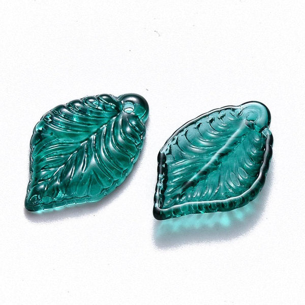 Pendentif feuille verre vert, perles verre tchèque, perle végétal, verre violet,22.5mm, x10 G4192