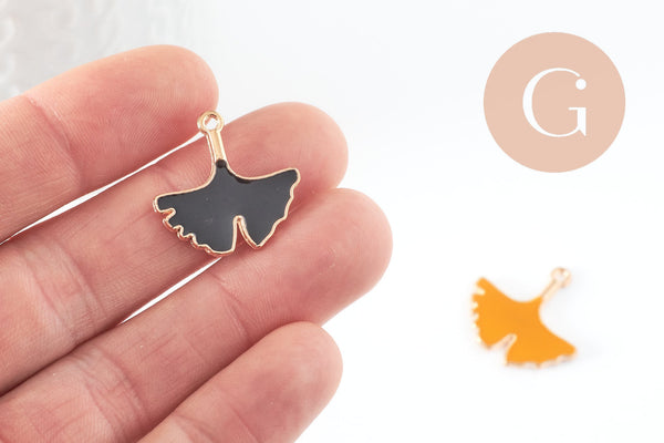Pendentif feuilles gingko zamac doré émail noir,breloque laiton feuille Gingko pour création bijoux doré,22.5mm, x2 G5283