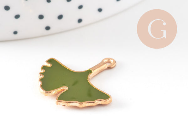 Pendentif feuilles gingko zamac doré émail vert,breloque laiton feuille Gingko pour création bijoux doré, 22.5mm, x2 (G5282)