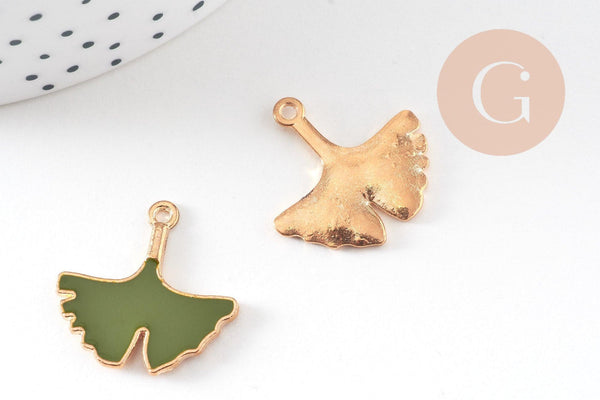 Pendentif feuilles gingko zamac doré émail vert,breloque laiton feuille Gingko pour création bijoux doré, 22.5mm, x2 (G5282)