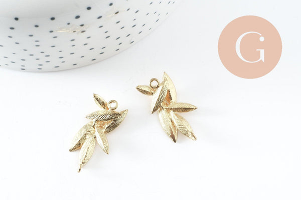 Pendentif feuilles laiton,breloque laiton brut, bijou laiton,feuille dorée pour création bijoux,pendentif laiton brut,27mm, x2 G4559