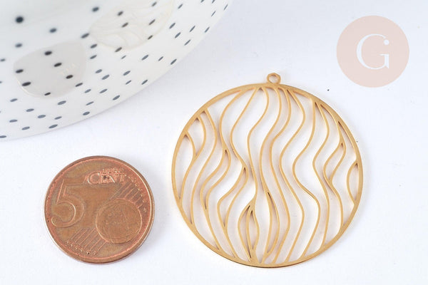 Pendentif filigrane rond vagues acier inoxydable 201 doré 39mm, création bijoux acier inoxydable, x1 G7255