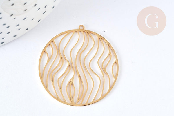 Pendentif filigrane rond vagues acier inoxydable 201 doré 39mm, création bijoux acier inoxydable, x1 G7255