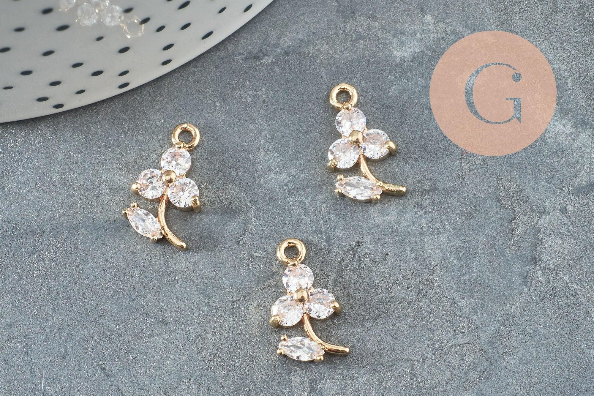 Pendentif fleur 3 pétales laiton doré 24K zircons 17mm, x1 (G9930)