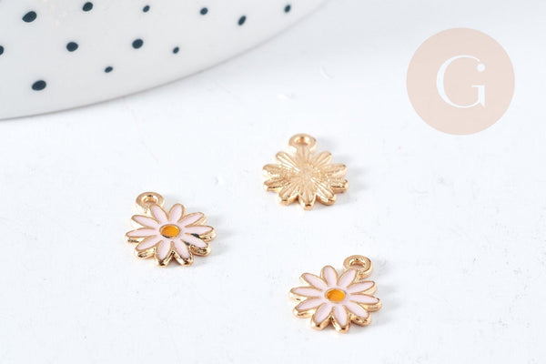 Pendentif fleur Marguerite rose doré émaillé zamac doré 13mm,création bijoux, pendentif doré, x5 G8612