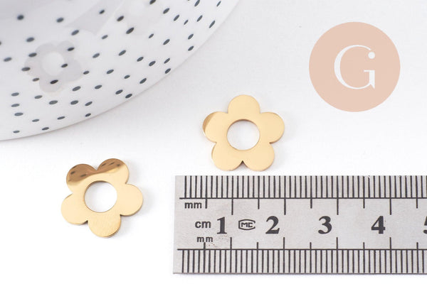 Pendentif fleur acier 304 inoxydable doré PVD percée 16mm, x1 (G10334)