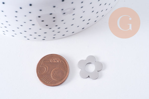 Pendentif fleur acier 304 inoxydable platine percé 16mm, x1 (G10640)