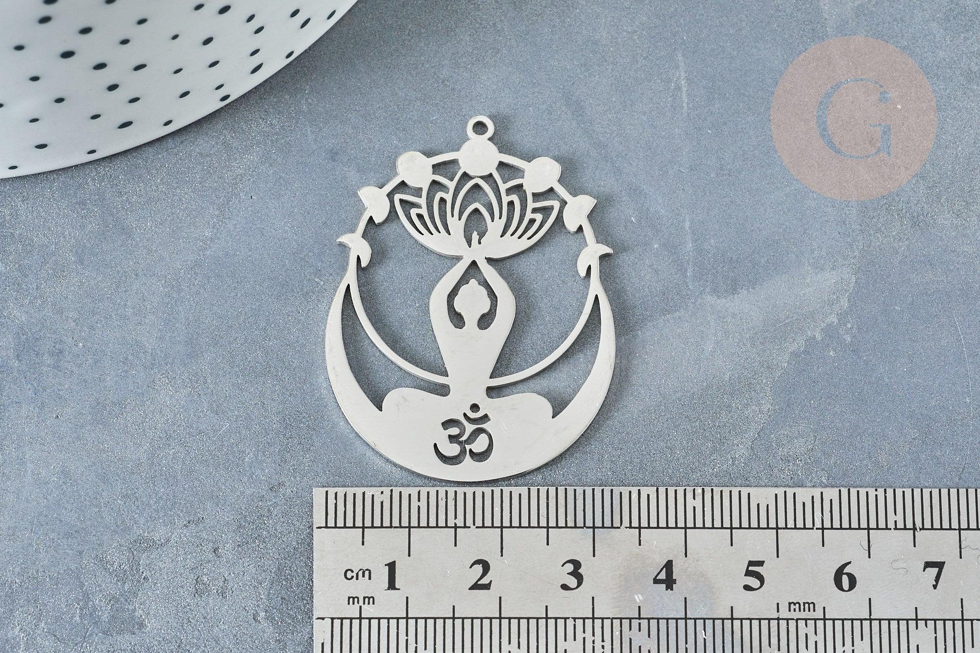 Pendentif fleur de lotus acier 304 platine 43mm, x1 (G8230)