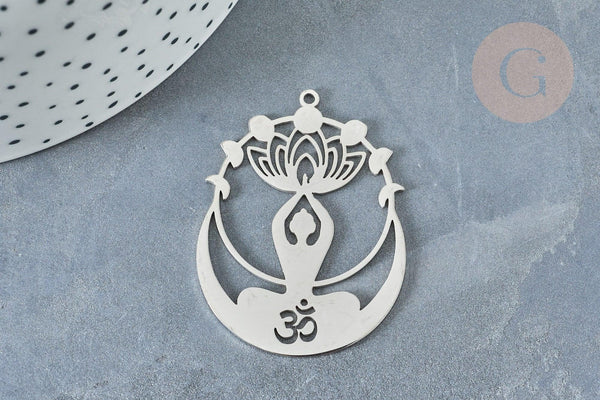 Pendentif fleur de lotus acier 304 platine 43mm, x1 (G8230)