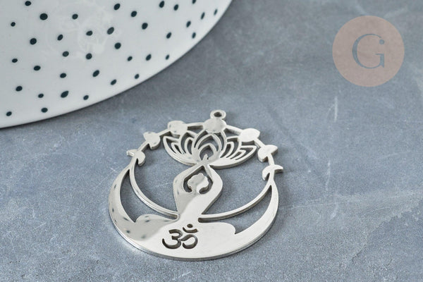 Pendentif fleur de lotus acier 304 platine 43mm, x1 (G8230)