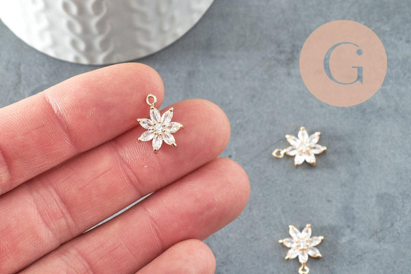 Pendentif fleur doré 24 carats zircon blanc 15mm, x1 (G4033)
