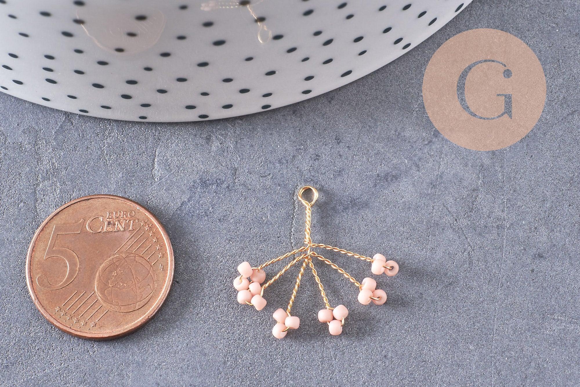 Pendentif fleur flocon perle rocaille rose laiton doré, Pendentif bijou laiton, 21mm, X2 (G3789)
