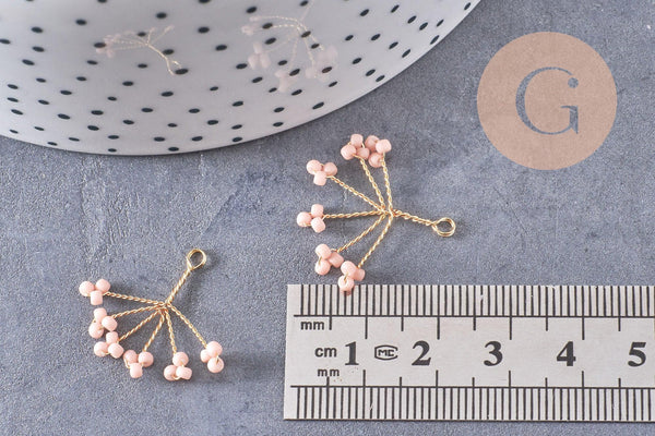 Pendentif fleur flocon perle rocaille rose laiton doré, Pendentif bijou laiton, 21mm, X2 (G3789)