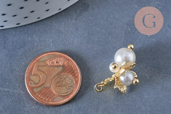 Pendentif fleur imitation perle blanc crème laiton doré 21mm,pendentif plastique,création bijoux plastique x1 G6963