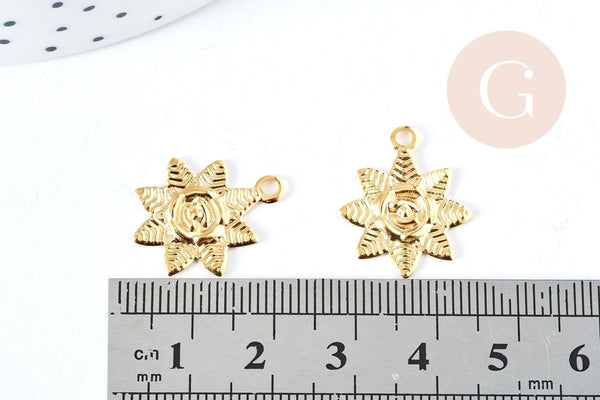 Pendentif fleur rose acier 304 inoxydable doré 23mm, x1 (G8731)