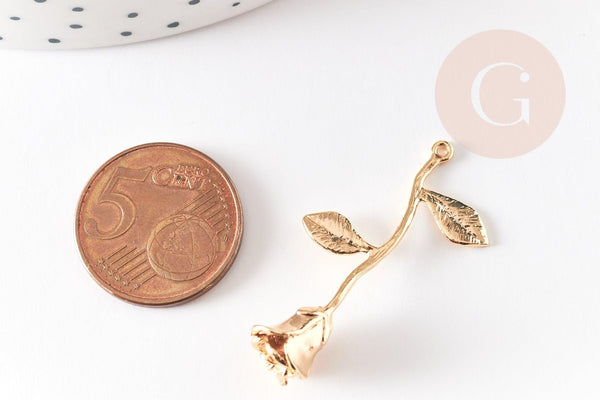 Pendentif fleur rose doré 18K, Pendentif bijou laiton,fleur laiton bijoux,37mm, x1 G6429